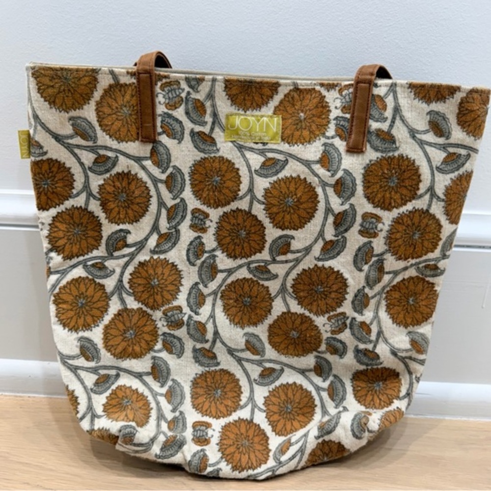JOYN Floral Tote Bag + Wristlet Set Boho Cotton Leather Trim India EUC